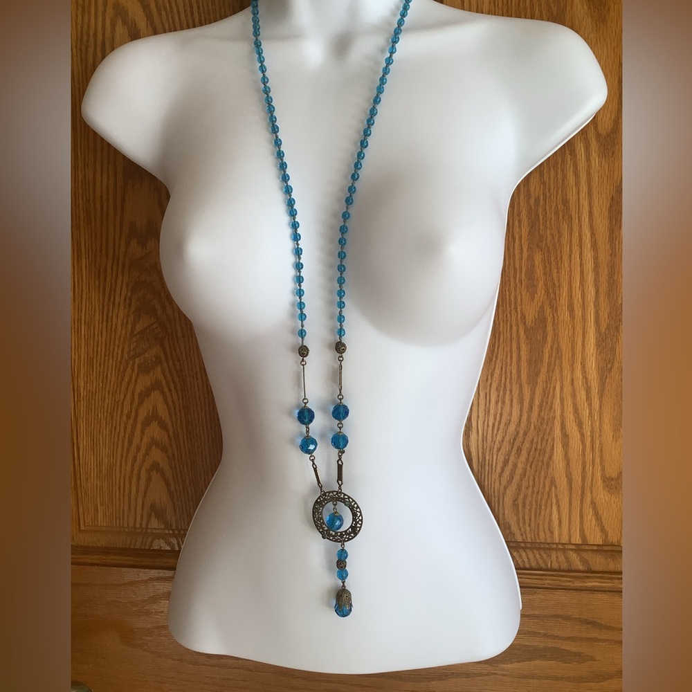 Czech glass and brass long vintage necklace